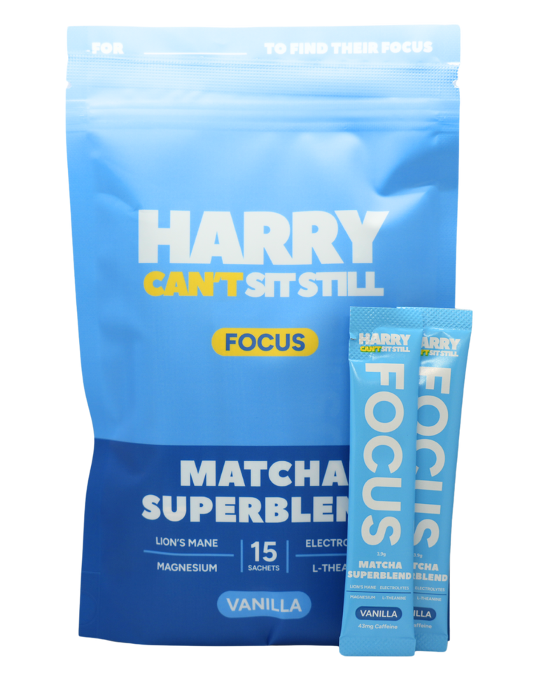 Harry Can't Sit Still Matcha Superblend — bright blue 15-sachet pack with sachet