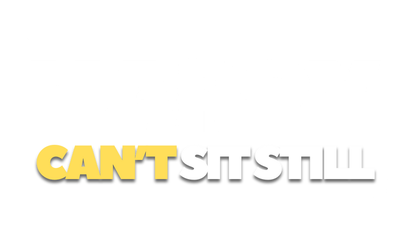 Harry Can't Sit Still brand wordmark in yellow and white on blue